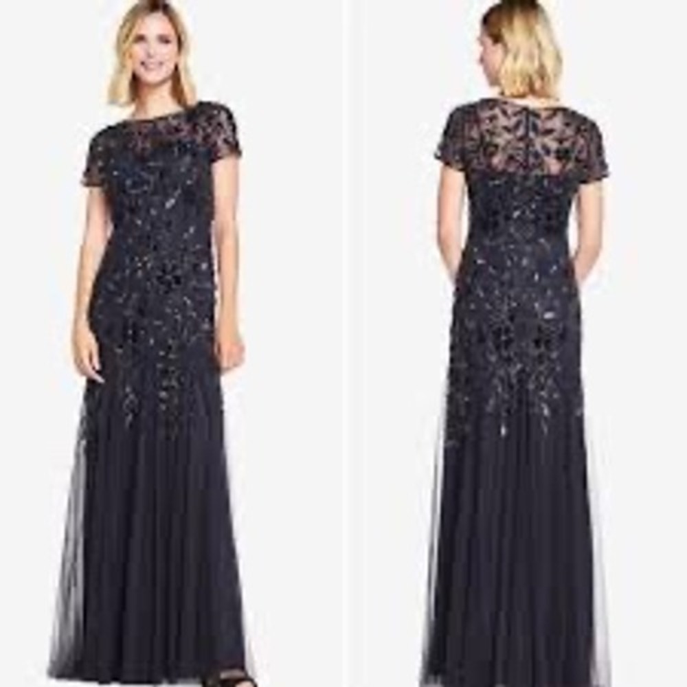 Adrianna Papell Beaded Floral Sequin Gown Navy Blue Short Sleeve Dress 8 NEW